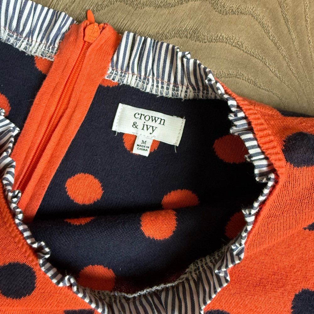 Crown & Ivy Orange & Navy Polka Dot Striped Hem Two Fer Sweater Size Medium - Picture 5 of 6